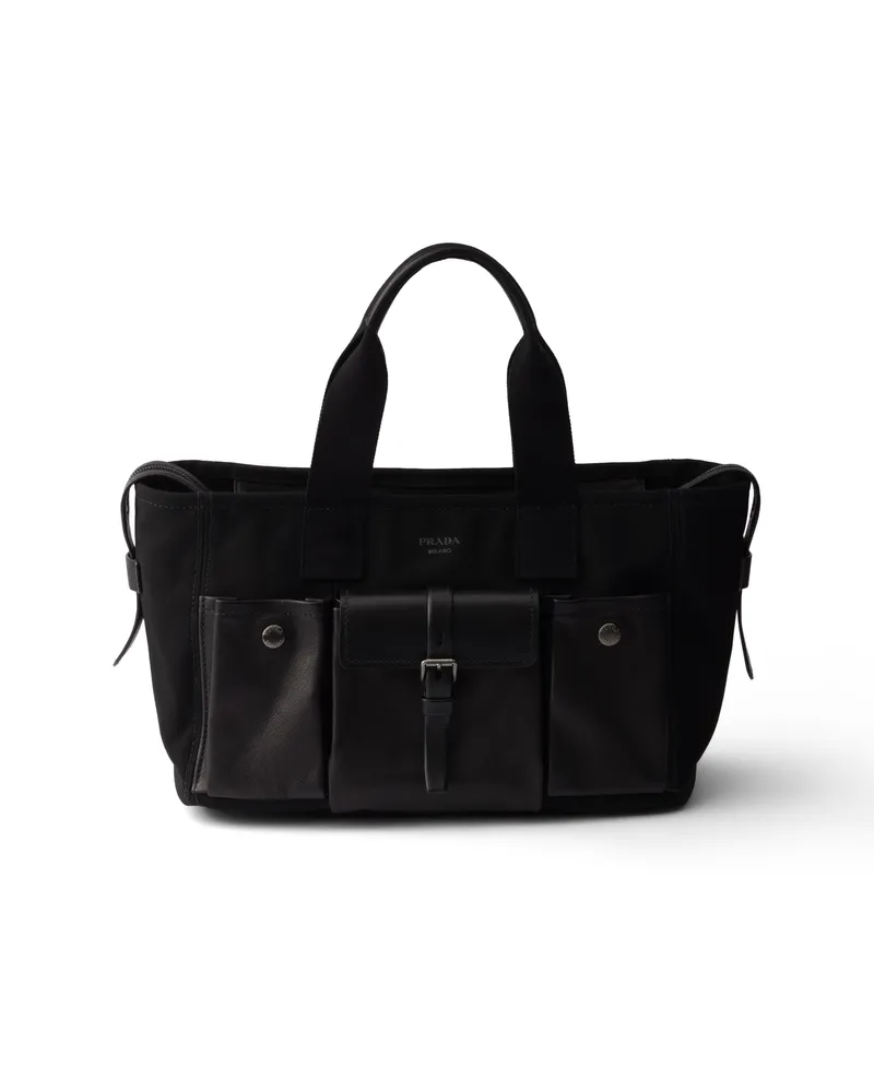 Prada Route Große Tote-bags Aus Canvas Und Leder, Damen, Schwarz Schwarz