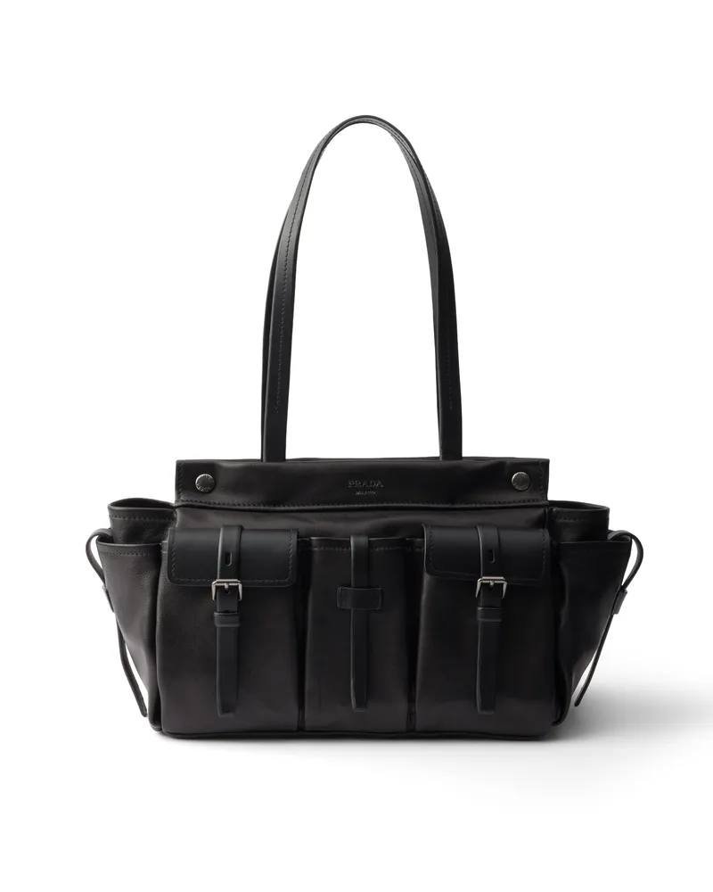 Prada Route Große Tote Bag Aus Leder, Damen, Schwarz Schwarz