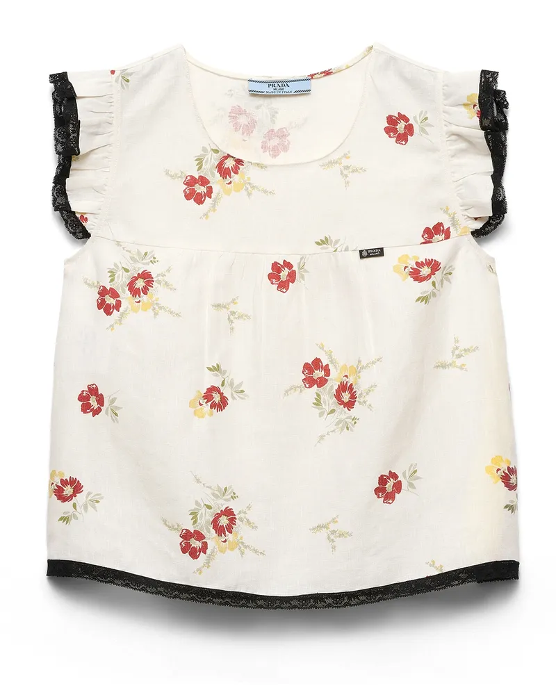 Prada Top Aus Leinen Mit Blumenmotiv, Damen, Rubinrot, Größe Rubinrot