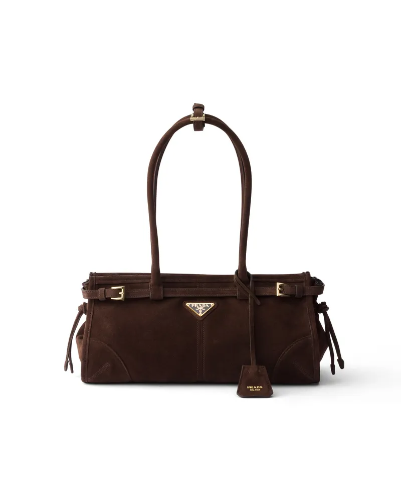 Prada Bonnie Mittelgroße Tasche Aus Veloursleder, Damen, Dunkelbraun Dunkelbraun