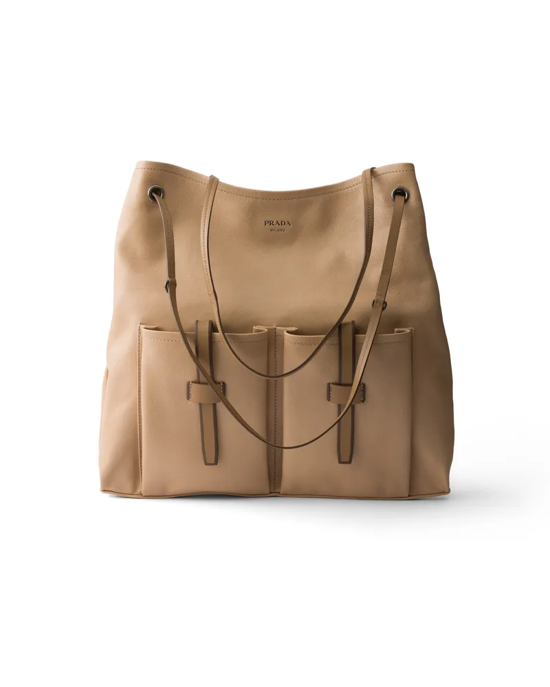 Prada Route Große Tasche Aus Leder, Damen, Sandbeige Sandbeige