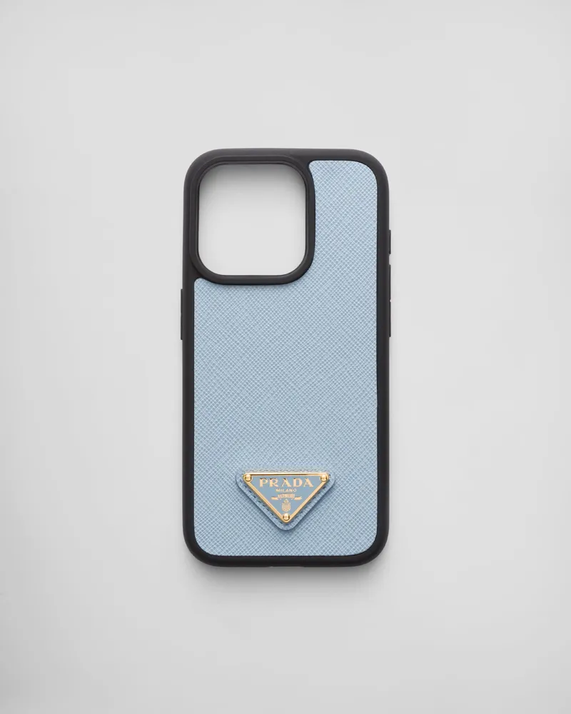 Prada iPhone-15-Pro-Hülle aus Saffiano-Leder Hellblau