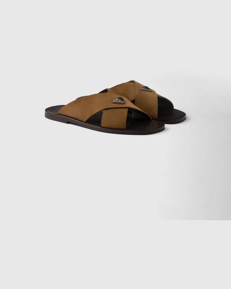 Prada Pantoletten aus Wildleder mit gekreuztem Band Tabak