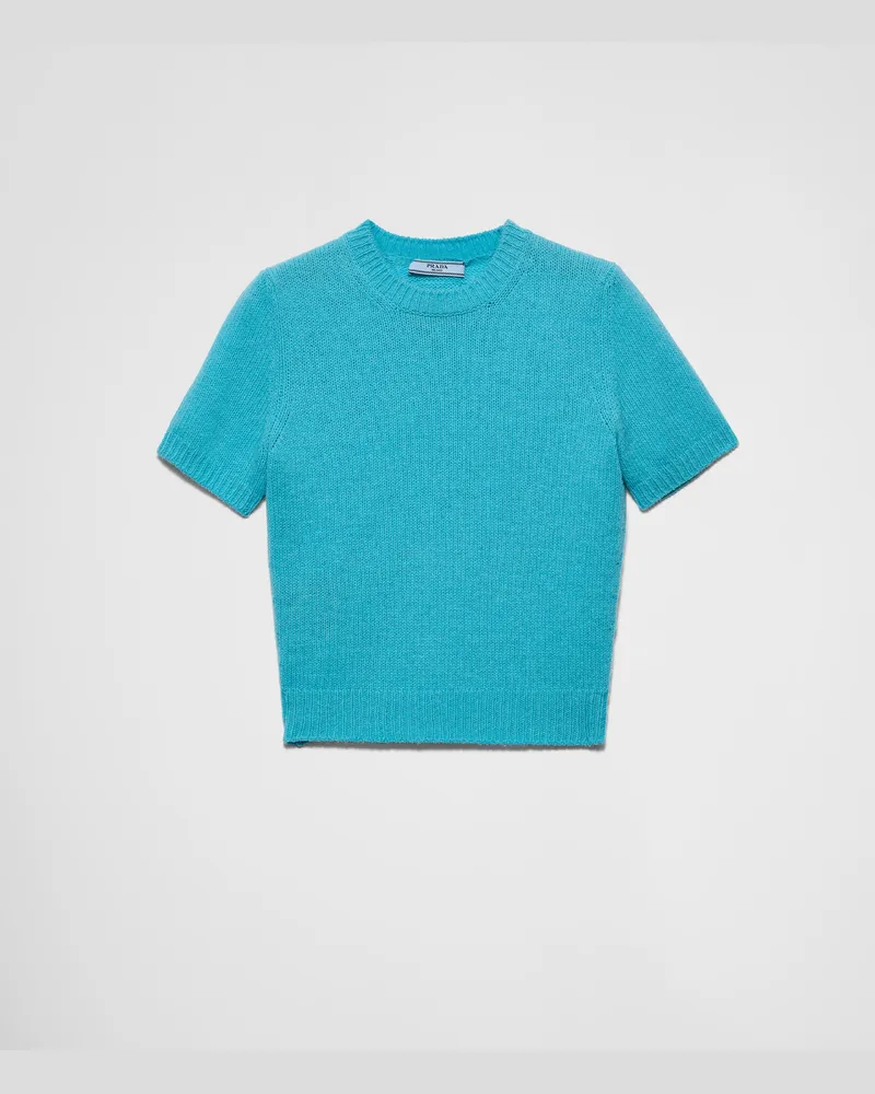 Prada Kurzarm-Pullover aus Kaschmir Hellblau