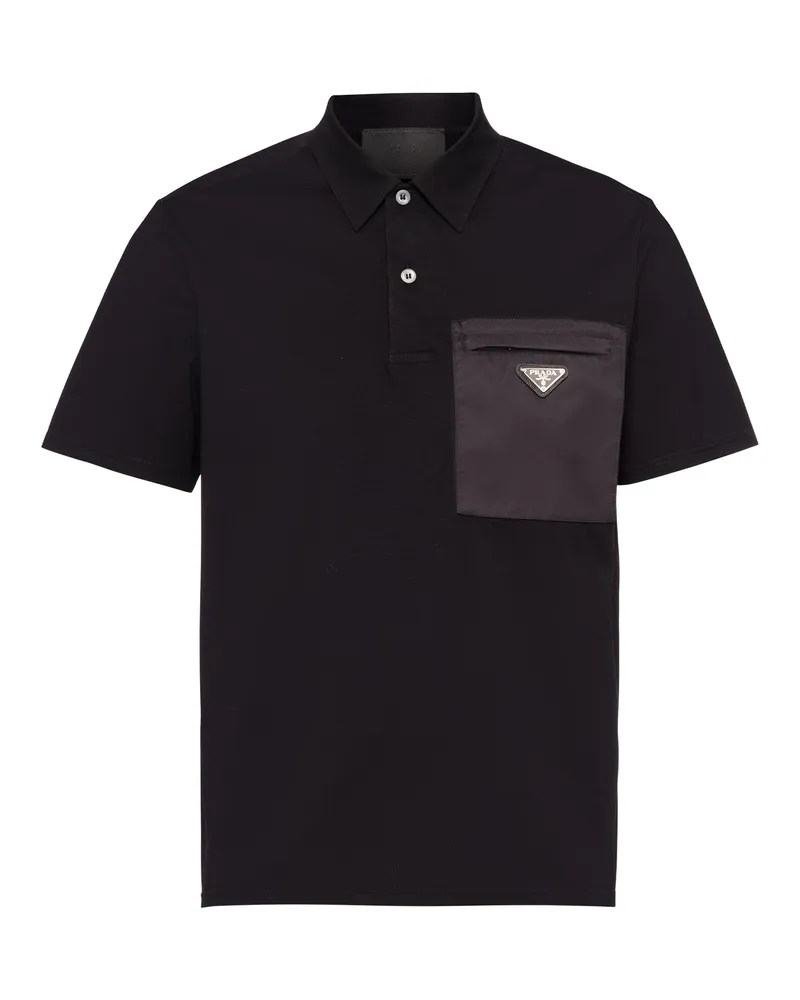Prada Poloshirt Aus Baumwoll-stretch Re-nylon-details, Herren, Schwarz/schwarz, Größe Schwarz