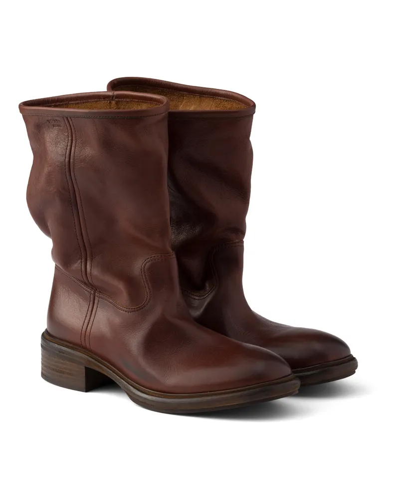 Prada Stiefel Aus Leder Mit Vintage-effekt, Damen, Kakaobraun, Größe Kakaobraun