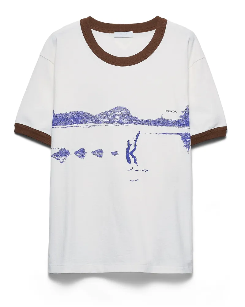 Prada T-shirt Aus Bedruckter Baumwolle, Herren, Weiß/tinte, Größe Weiß