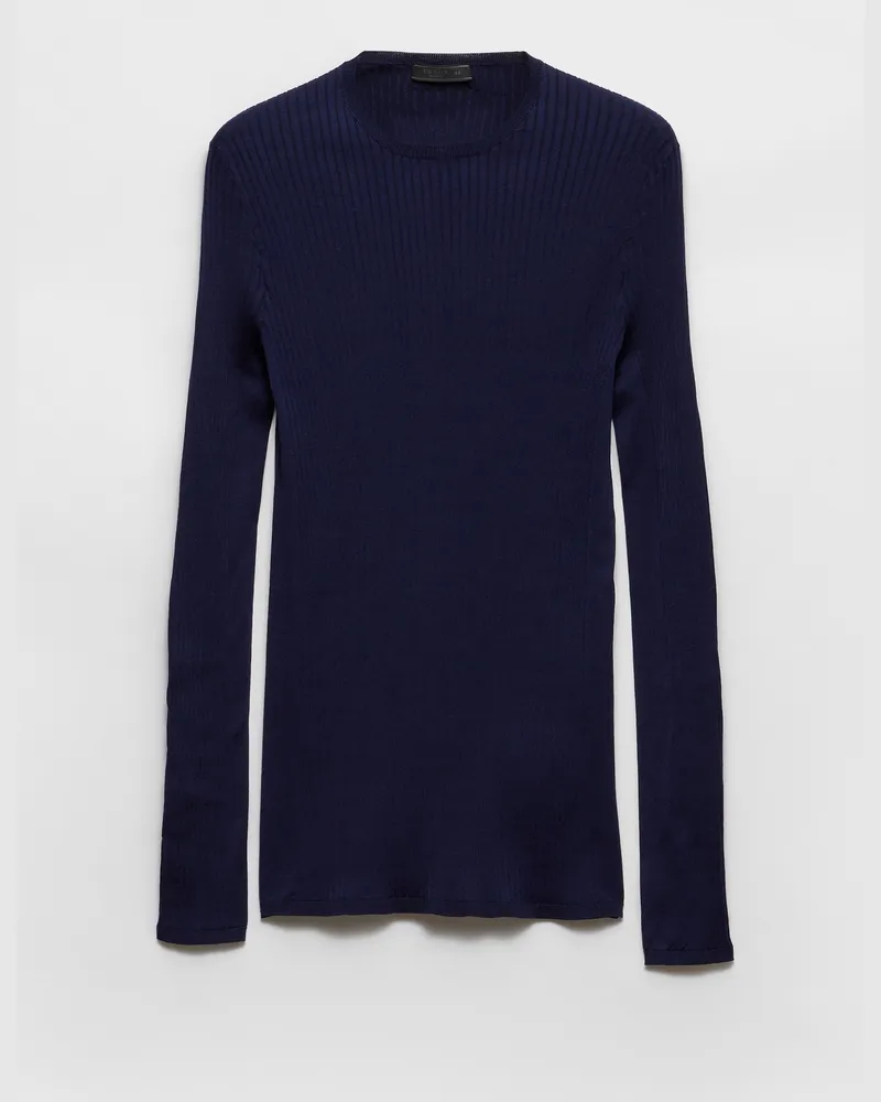 Prada Gerippter Rundhalspullover aus Baumwolle Blau