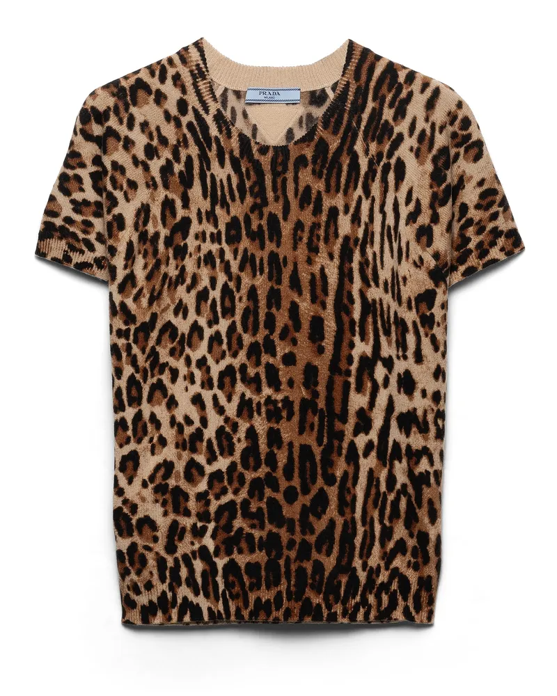 Prada Kurzärmliger Rundhalspullover Aus Bedrucktem Kaschmir, Damen, Kamelbraun, Größe Kamelbraun