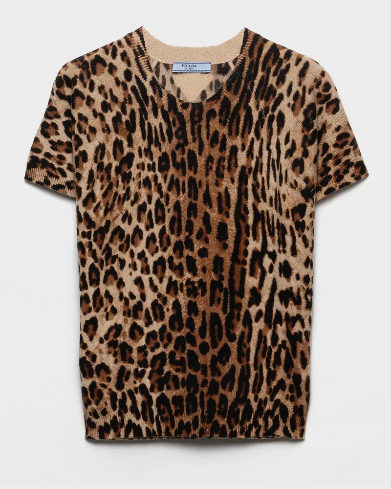 Prada Kurzärmliger Rundhalspullover aus bedrucktem Kaschmir Kamelbraun