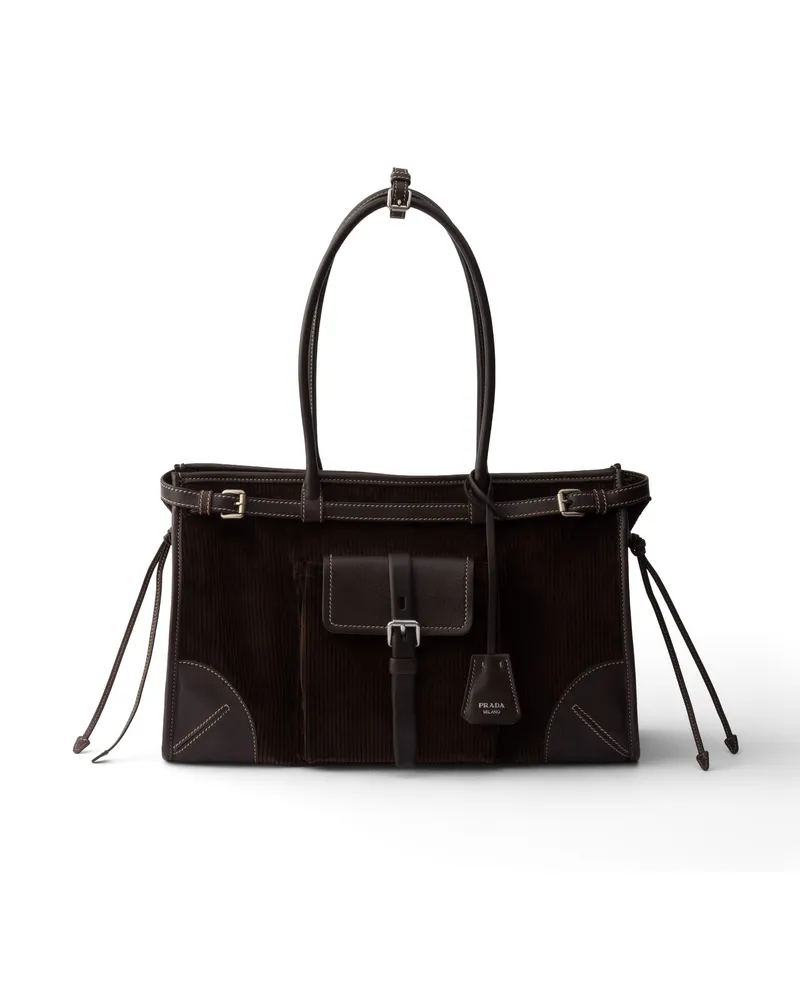 Prada Bonnie Große Handtasche Aus Cord Und Leder, Damen, Ebenholz Ebenholz
