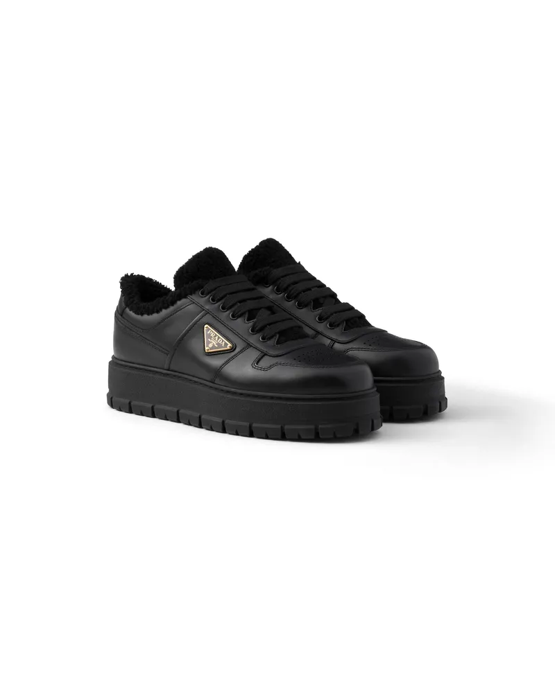 Prada Geschnürte Sneaker Aus Leder, Herren, Schwarz, Größe 9,5 Schwarz