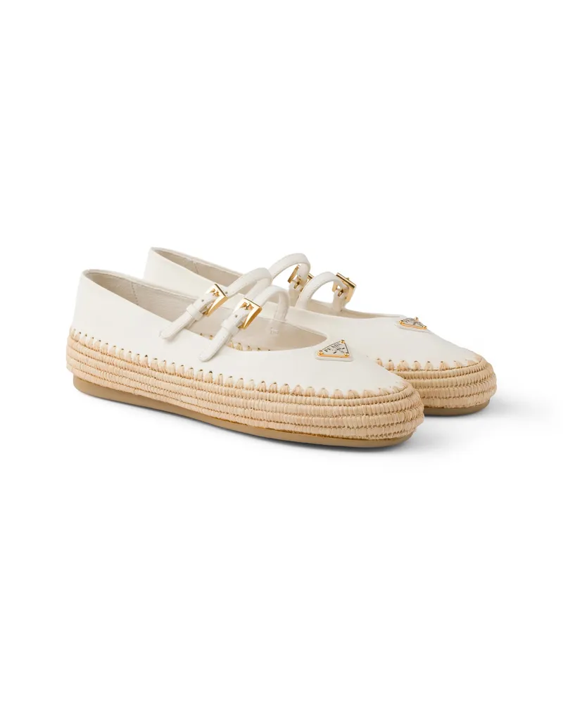 Prada Ballerinas Aus Nappa-leder Und Raphiabast, Damen, Elfenbein, Größe Elfenbein