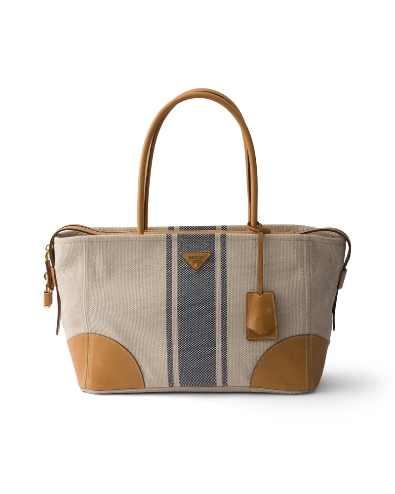 Prada Große Tote Bag Aus Canvas Und Leder, Damen, Beige/baltikblau Beige