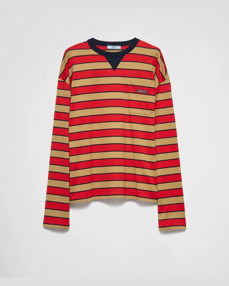 Prada Langärmliges T-Shirt aus gestreifter Lisle-Baumwolle Kamelfarben