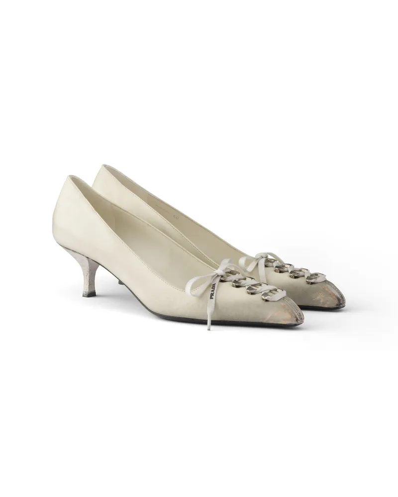 Prada Pumps Aus Antikisiertem Leder, Damen, Kalkweiss, Größe Kalkweiss