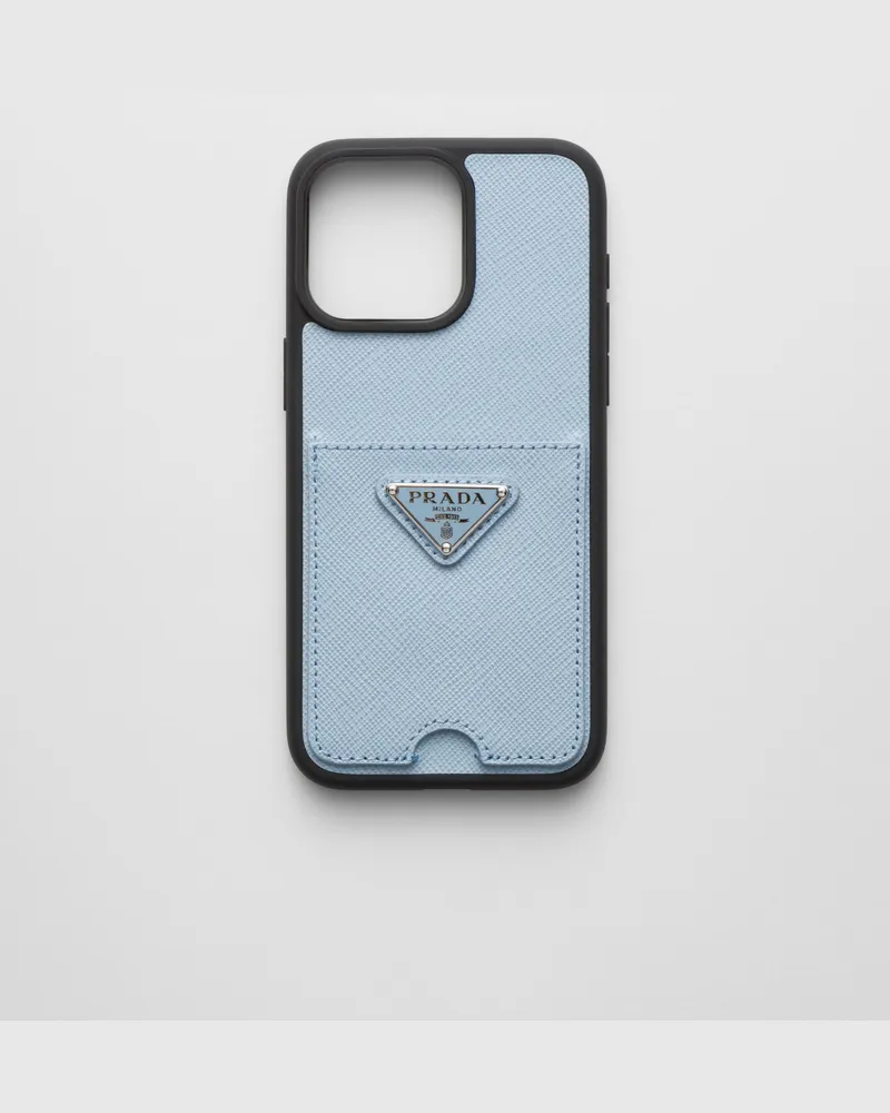 Prada iPhone-15-Pro-Max-Hülle aus Saffiano-Leder Blassblau