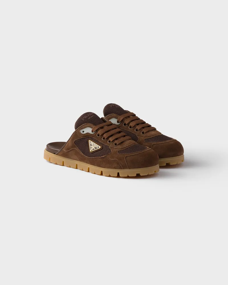 Prada Mules aus Trail-Meshgewebe und Wildleder Kakaobraun