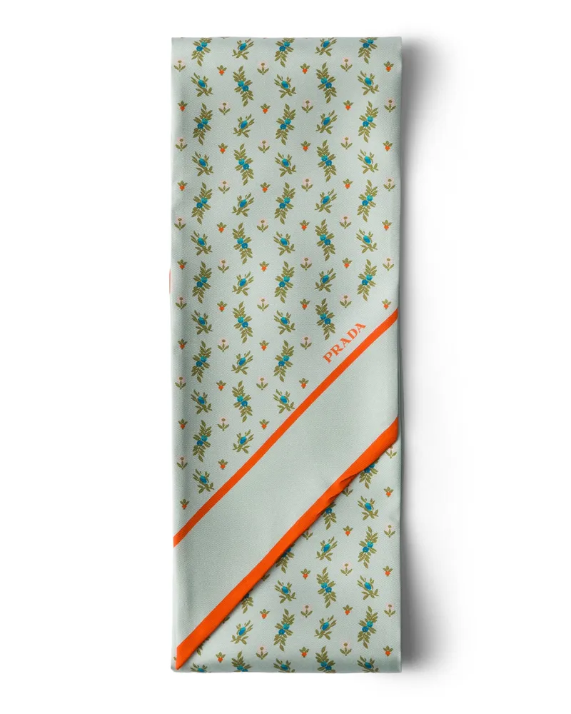 Prada Schmaler Schal Aus Bedrucktem Seiden-twill, Damen, Blattgrün Blattgrün