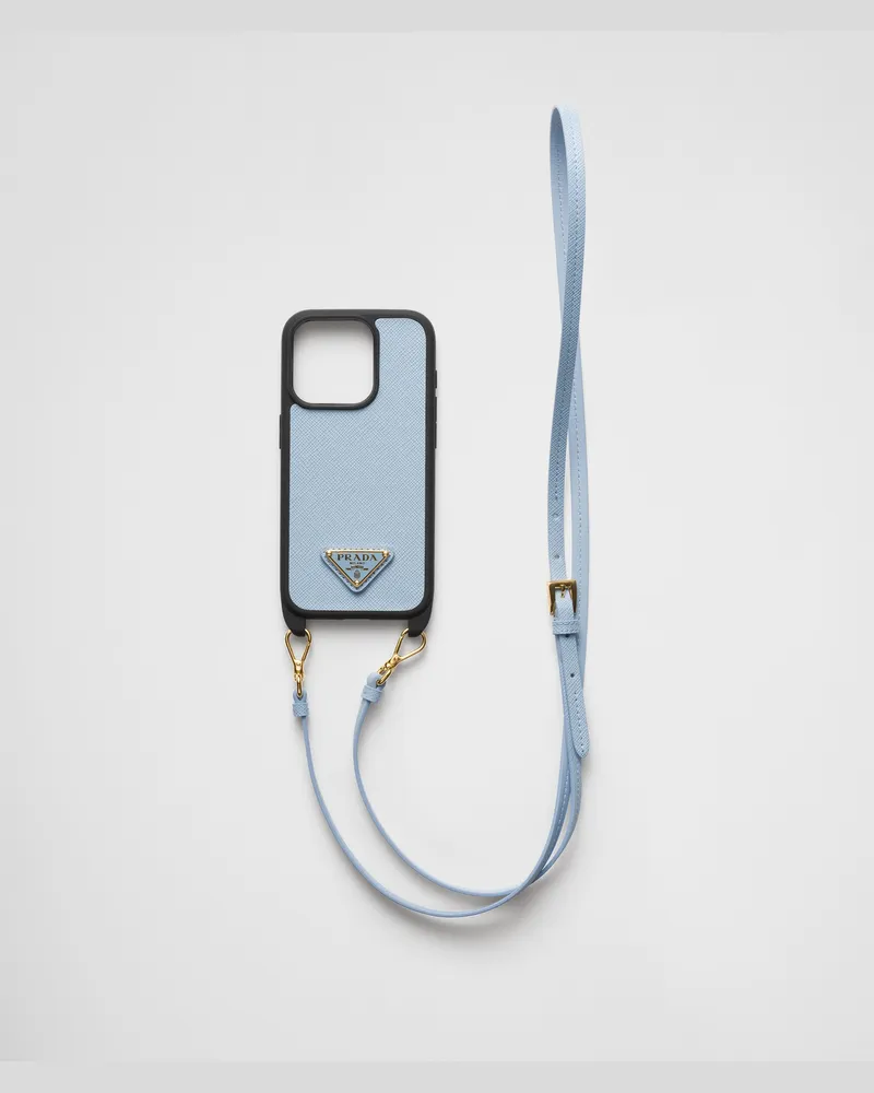 Prada iPhone-15-Pro-Hülle aus Saffiano-Leder Hellblau