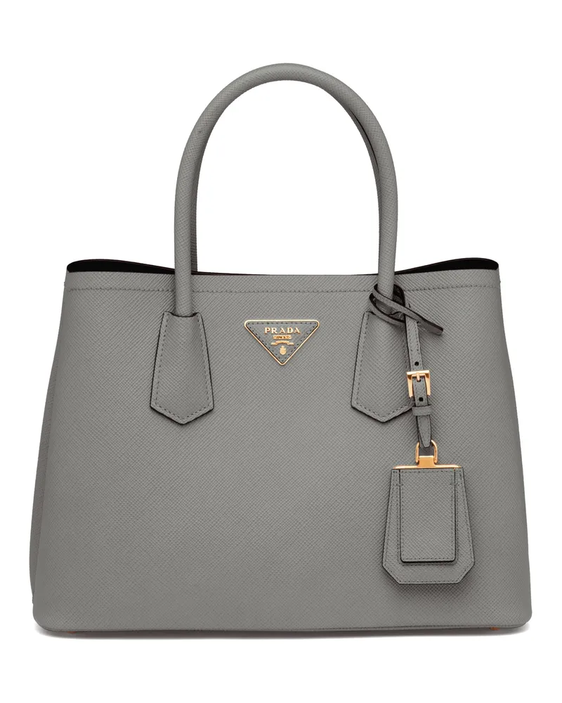 Prada Mittelgroße  Double Tasche Aus Saffiano-leder, Damen, Schiefer/schwarz Schiefer