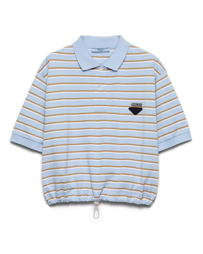 Prada Kurzes Poloshirt Aus Gestreiftem Piqué, Damen, Blassblau/kamelbeige, Größe Blassblau