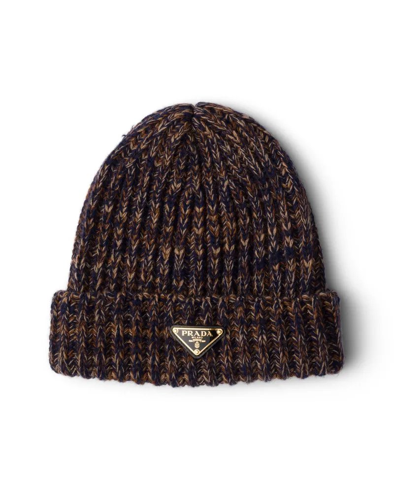 Prada Mélange-strickmütze, Damen, Marineblau/rost, Größe Marineblau