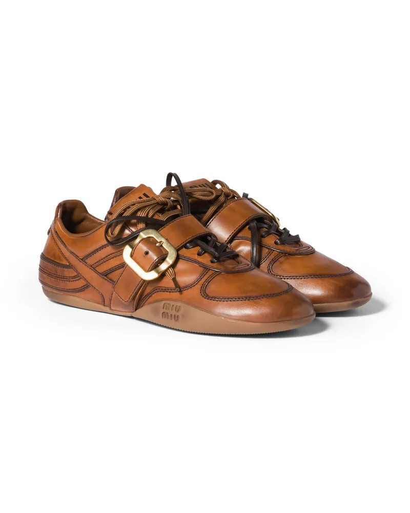 Miu Miu Gymnasium Sneaker Aus Leder Mit Schließe, Damen, Cognac, Größe Cognac