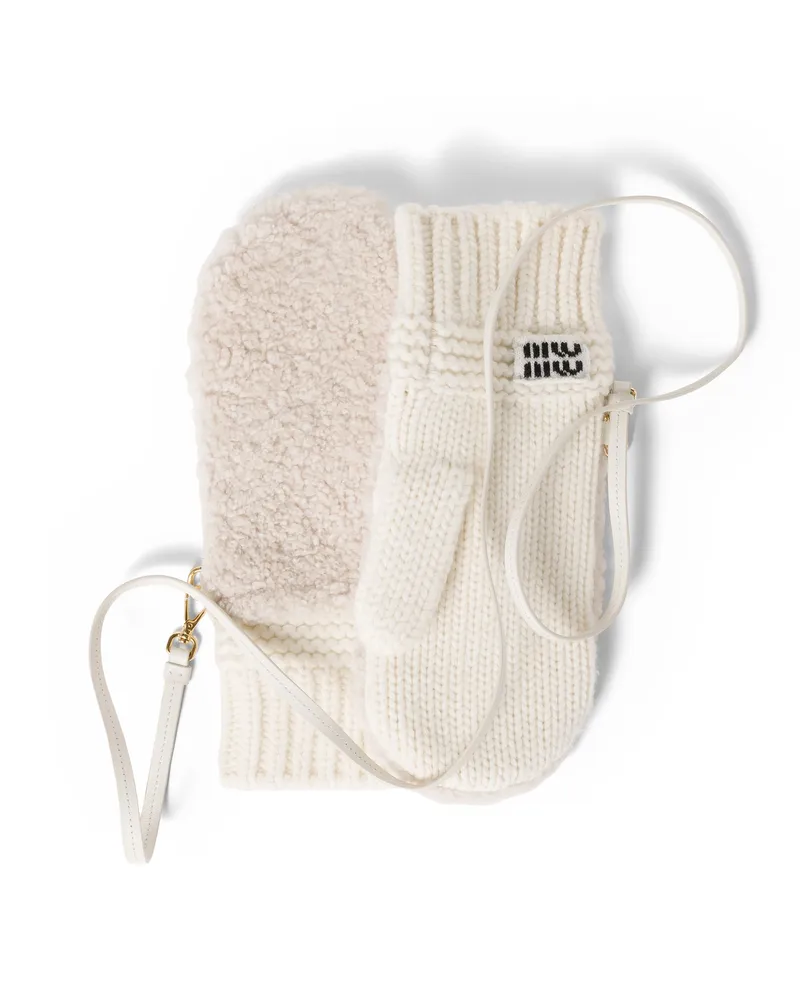 Miu Miu Fäustlinge Aus Wolle, Kaschmir Und Lammfell, Damen, Weiss, Größe Weiss