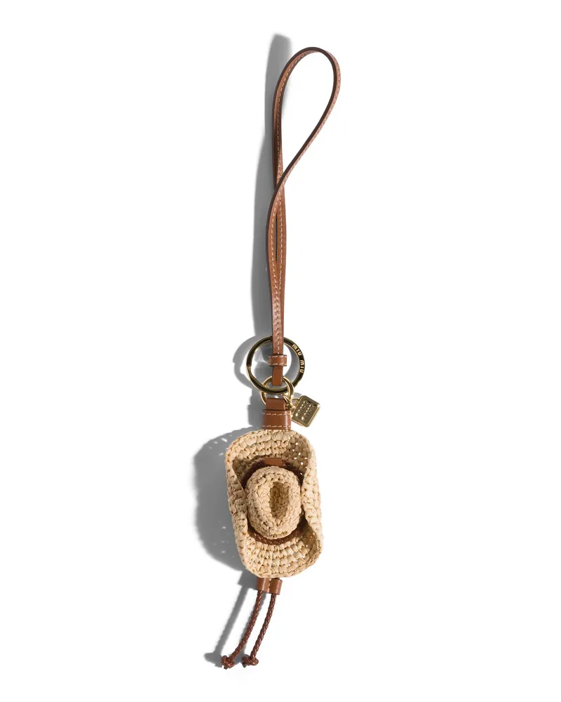 Miu Miu Schlüsselanhänger Aus Raphiabast Und Leder, Damen, Beige/cognac Beige