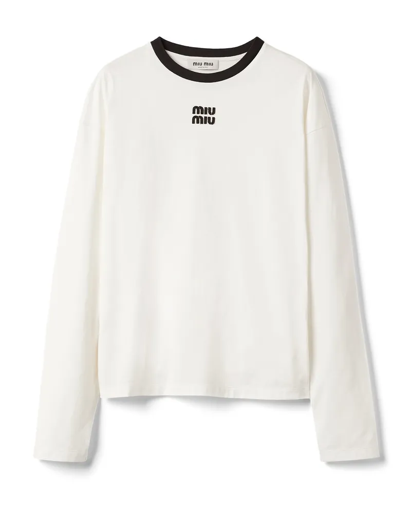 Miu Miu T-shirt Aus Baumwolljersey Mit Sticklogo, Damen, Weiss, Größe Weiss
