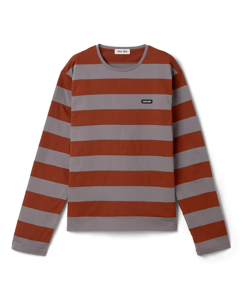 Miu Miu Gestreiftes T-shirt Aus Jersey, Damen, Eisengrau/tabak, Größe Eisengrau