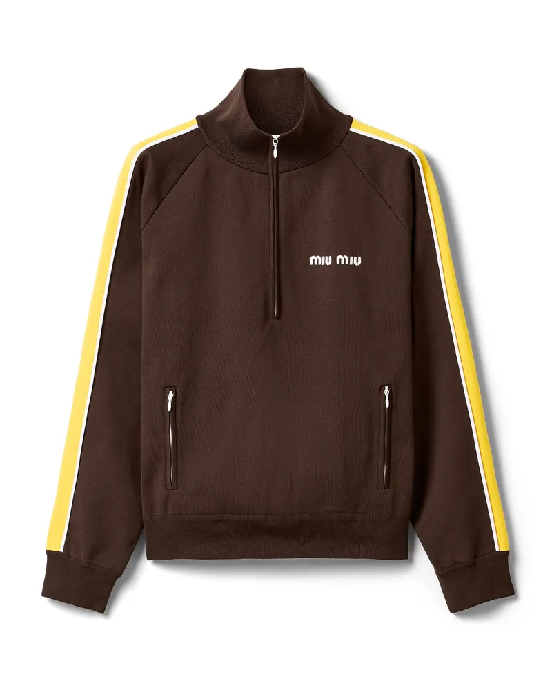 Miu Miu Sweatshirt Aus Technischem Garn Mit Reißverschluss, Damen, Dunkelbraun/maisgelb, Größe Dunkelbraun