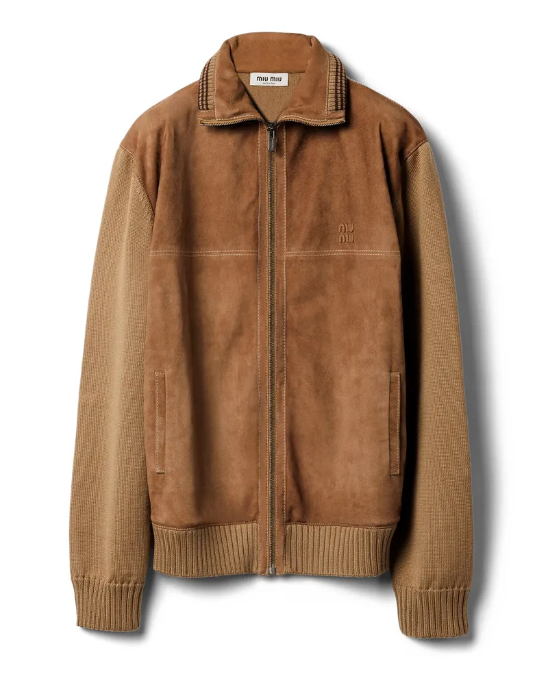 Miu Miu Strickjacke Aus Wolle Und Leder Mit Reißverschluss, Damen, Camel/zimt, Größe Camel