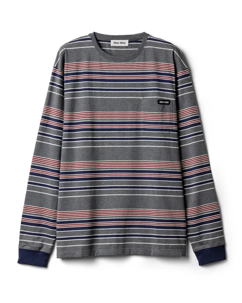 Miu Miu Gestreiftes T-shirt Aus Jersey, Damen, Schiefergrau/blau, Größe Schiefergrau