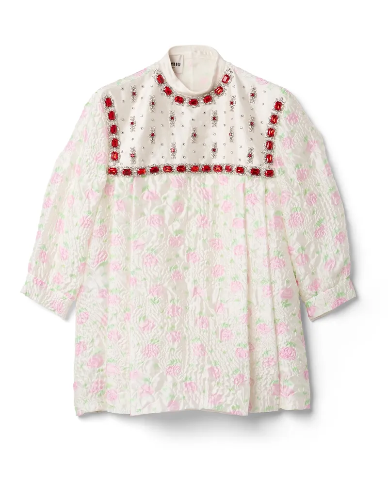 Miu Miu Minikleid Aus Cloqué Mit Kristallen, Damen, Weiss/rosa, Größe Weiss