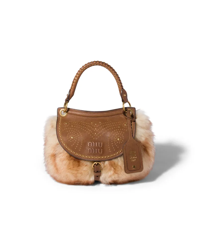 Miu Miu Rendez-vous Tasche Aus Lammfell Und Nappaleder Mit Metallnieten, Damen, Honig/eiche Honig