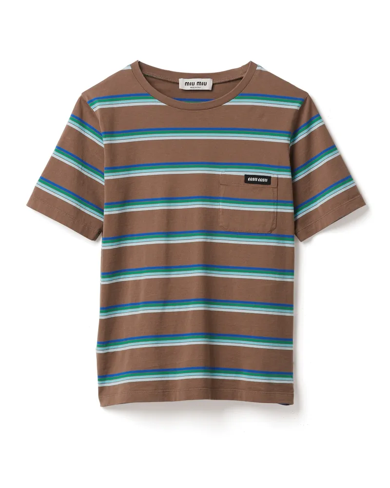 Miu Miu T-shirt Aus Jersey, Damen, Tabak/bluette/grün, Größe Tabak