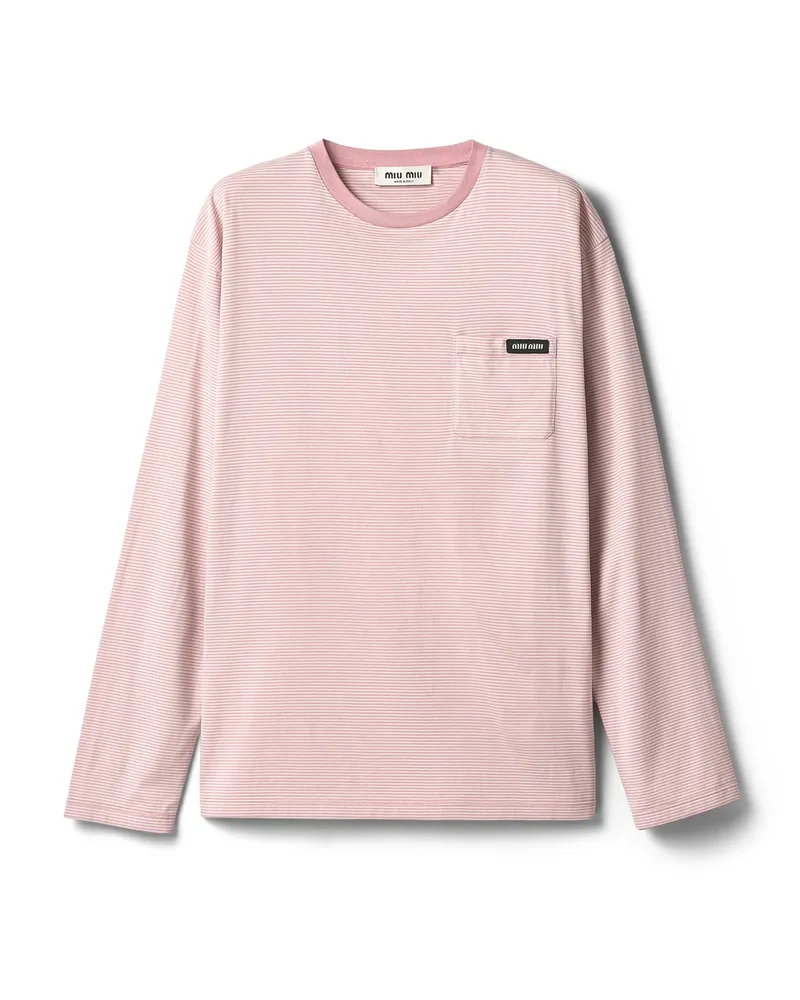 Miu Miu Langärmliges T-shirt Aus Baumwolljersey, Damen, Elfenbein/begonienrosa, Größe Elfenbein