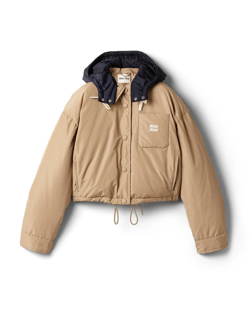 Miu Miu Daunen-kapuzenjacke Aus Technischem Pongé, Damen, Lehm/marineblau, Größe Lehm