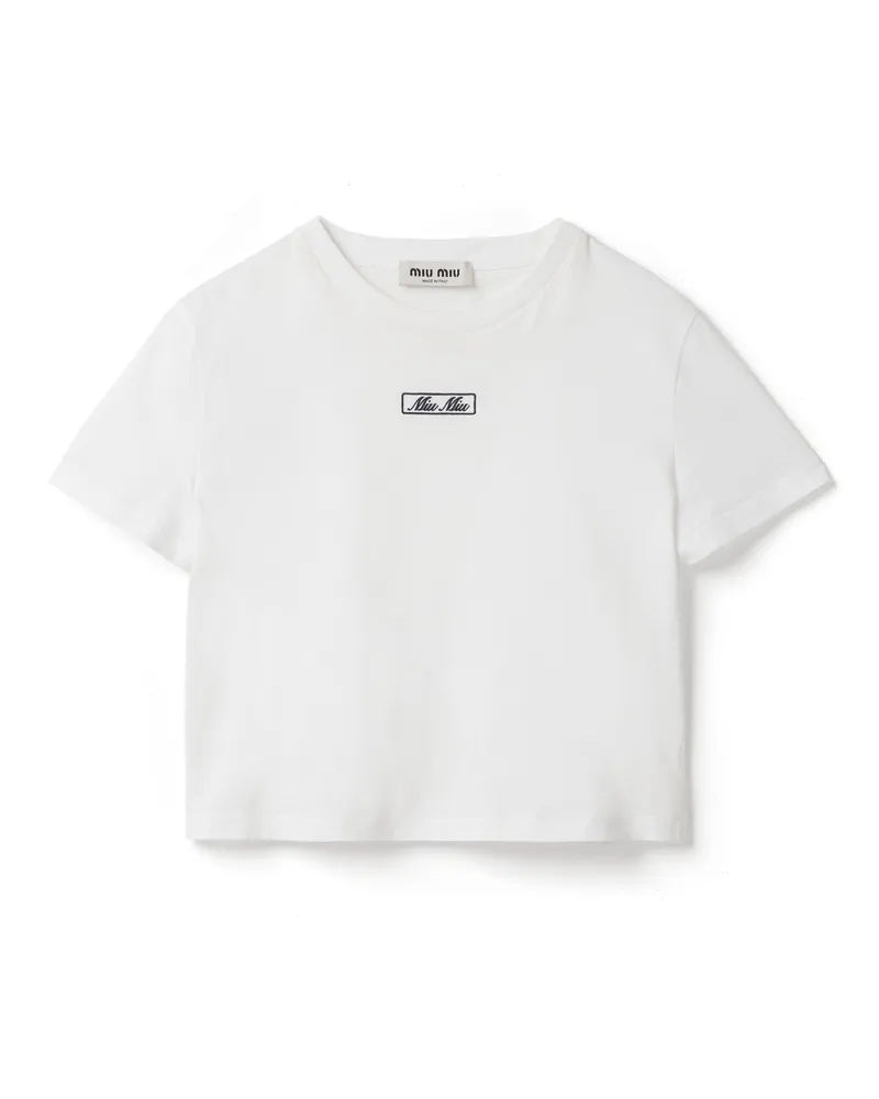 Miu Miu T-shirt Aus Baumwolljersey Mit Sticklogo, Damen, Weiss, Größe Weiss