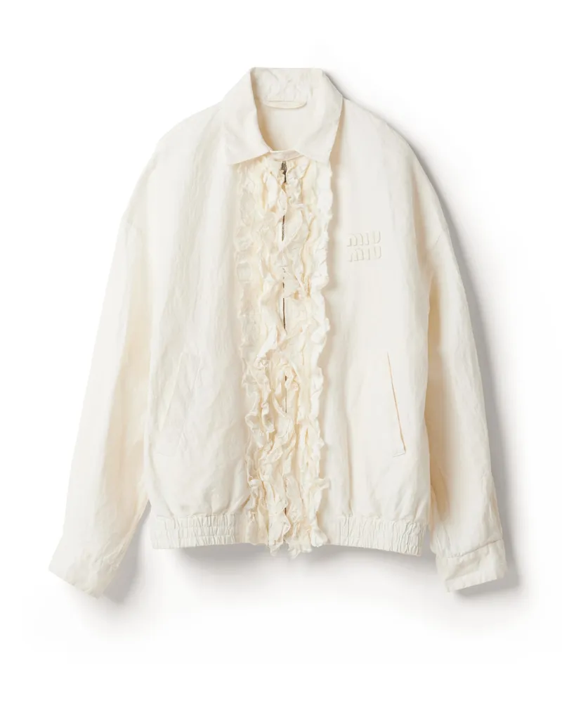 Miu Miu Blousonjacke Aus Gewaschenem, Rauem Canvas, Damen, Elfenbein, Größe Elfenbein