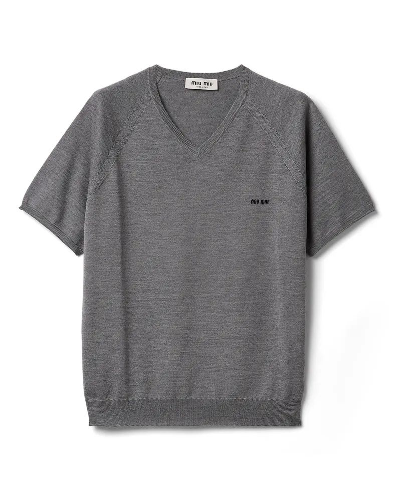 Miu Miu Pullover Aus Wolle Mit V-ausschnitt, Damen, Grau/schwarz, Größe Grau