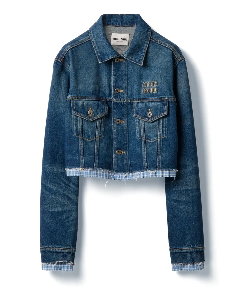 Miu Miu Blousonjacke Aus Gewaschenem Denim, Damen, Blau, Größe Blau