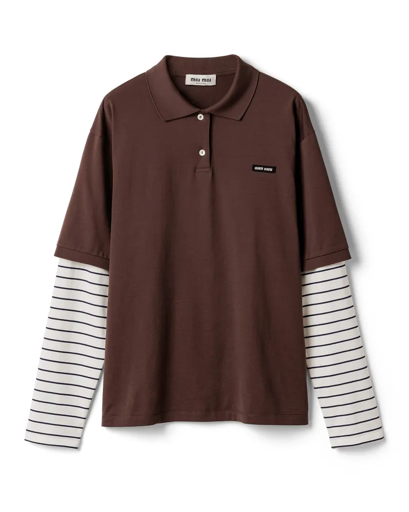 Miu Miu Poloshirt Aus Jersey, Damen, Kakaobraun/blau/kalkweiß, Größe Kakaobraun