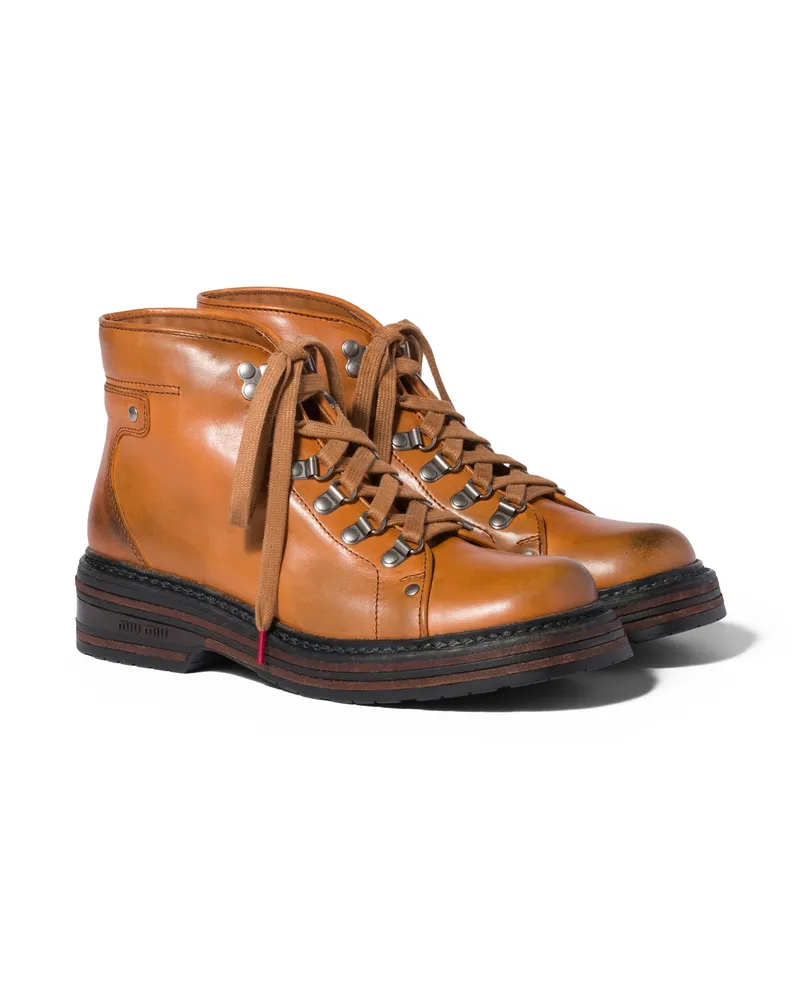 Miu Miu Stiefeletten Aus Leder, Damen, Cognac, Größe Cognac