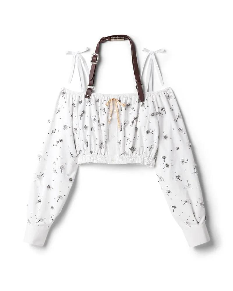 Miu Miu Top Aus Bestickter Popeline Und Chino, Damen, Weiss, Größe Weiss