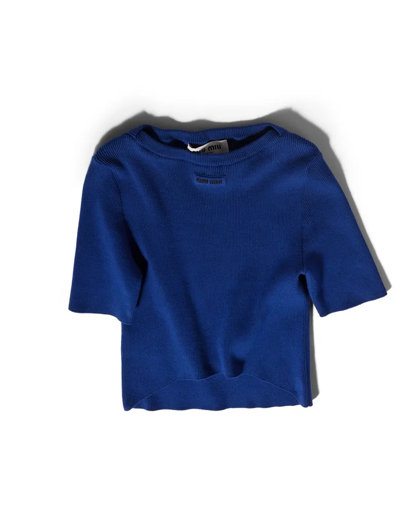 Miu Miu Baumwollpullover Mit U-boot-ausschnitt, Damen, Kornblumenblau, Größe Kornblumenblau