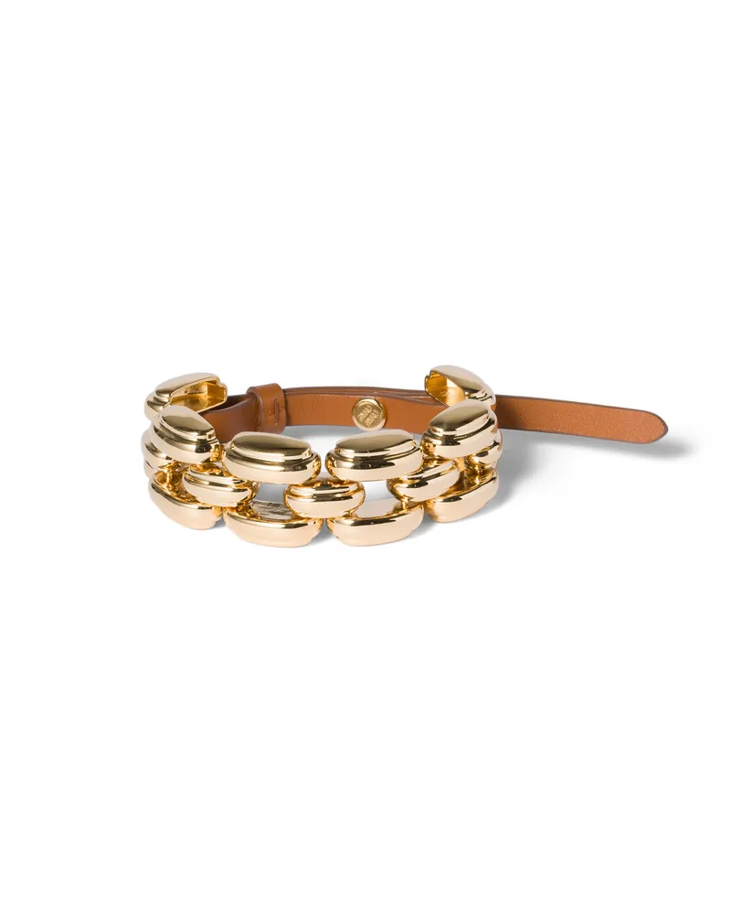 Miu Miu Armband Aus Metall Und Leder, Damen, Gold/cognac, Größe Gold