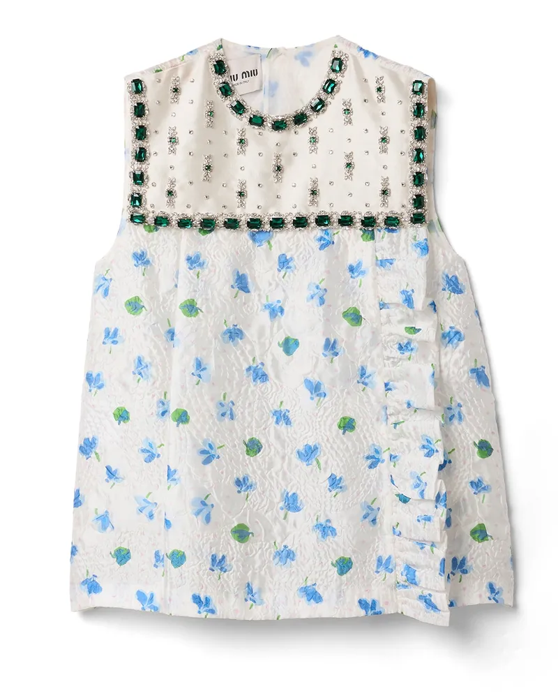 Miu Miu Minikleid Aus Cloqué Mit Kristallen, Damen, Weiss/hellblau, Größe Weiss